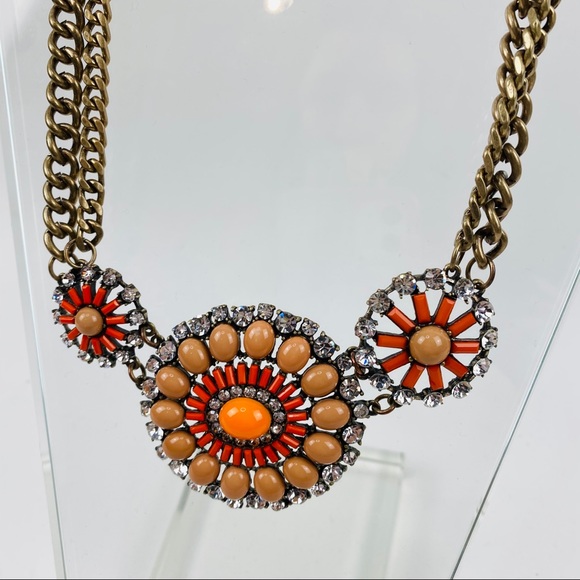 J. Crew Orange Red Gold Burst Statement Necklace - Picture 3 of 6